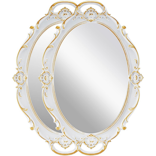 OMIRO Decorative Wall Mirror, Vintage Carved Hanging Mirrors for Bedroom Living-Room Dresser Decor, Oval Antique White 10" W x 15" L, Pack of 2