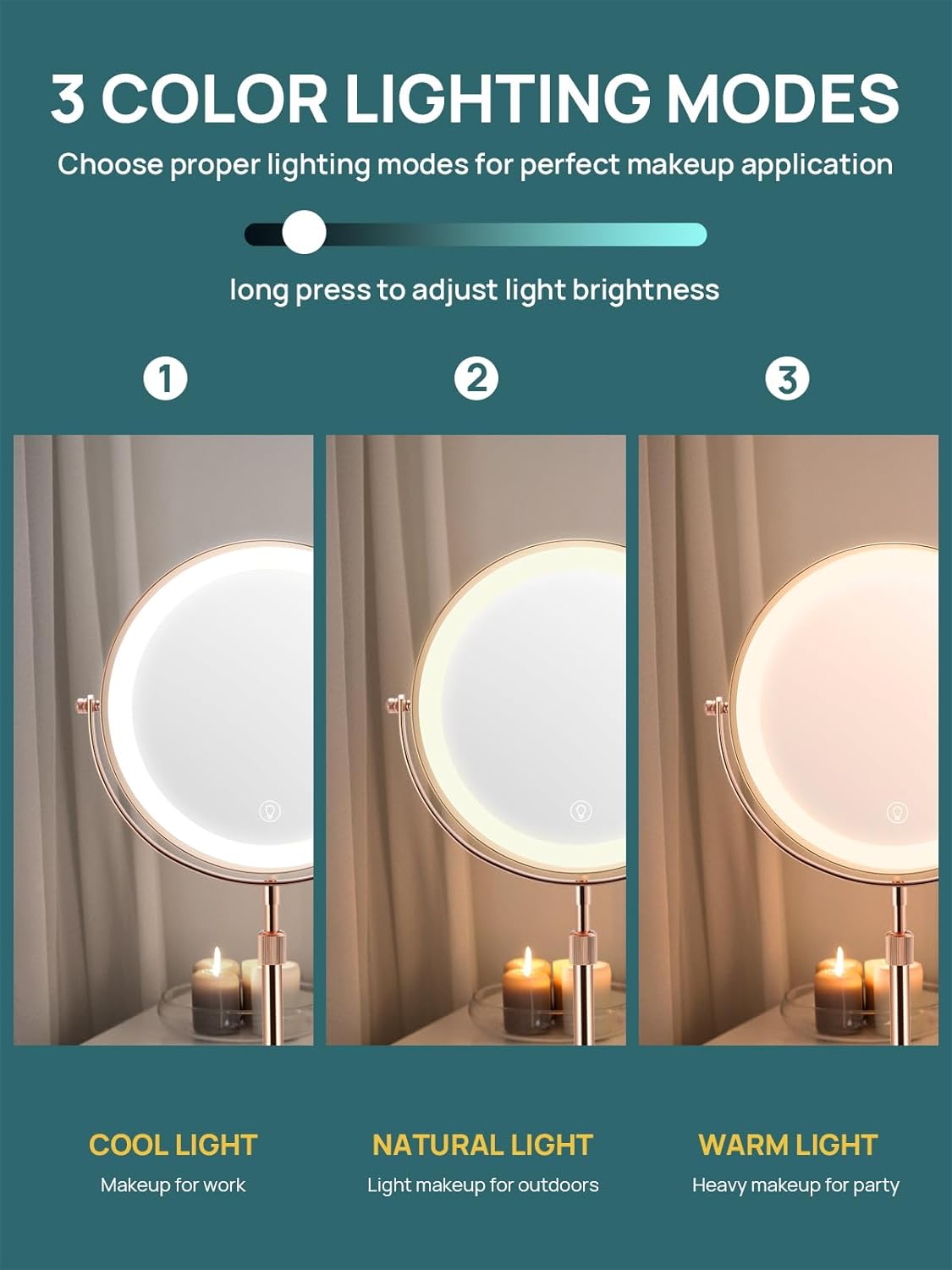 OMIRO 8.5 Inches Lighted Makeup Mirror with 3X/10X Magnifications, Double Sided Swivel Vanity Mirror with Height-Adjustable Stand (Rose Gold)