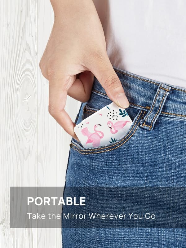 OMIRO Compact Mirror, Unique Painting PU Leather 1X/3X Magnification, Ultra Portable for Purses, 2.4" W x 3.4" L (Pink Flamingos)