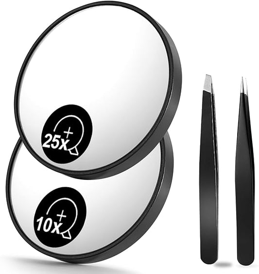 OMIRO 10X & 25X Magnifying Mirrors and Two Eyebrow Tweezers Kits, 3.5" Two Suction Cups Magnifier Travel Set