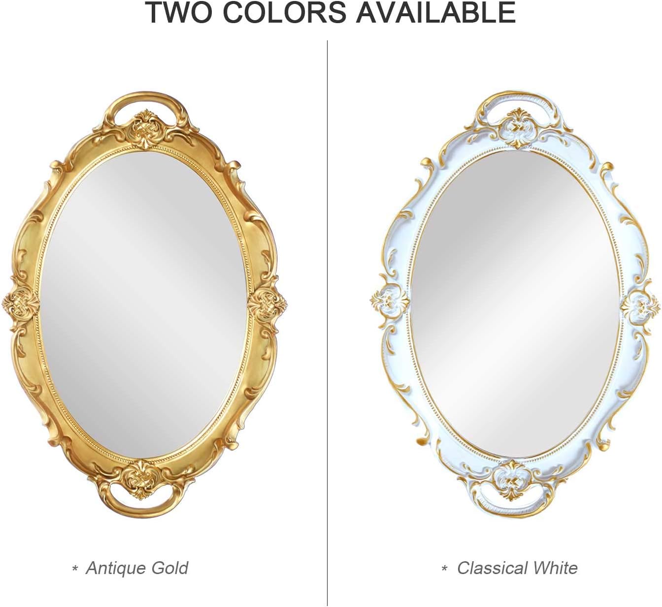 OMIRO Decorative Wall Mirror, Vintage Carved Hanging Mirrors for Bedroom Living-Room Dresser Decor, Oval Antique White 10" W x 15" L, Pack of 2