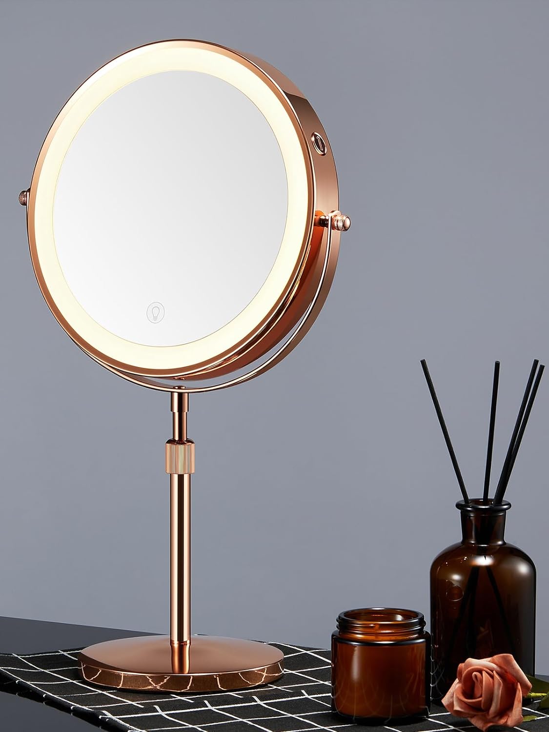 OMIRO 8.5 Inches Lighted Makeup Mirror with 3X/10X Magnifications, Double Sided Swivel Vanity Mirror with Height-Adjustable Stand (Rose Gold)