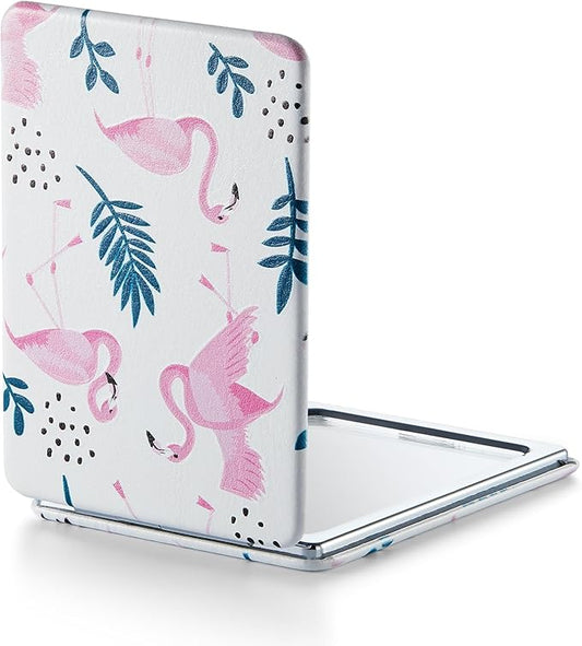 OMIRO Compact Mirror, Unique Painting PU Leather 1X/3X Magnification, Ultra Portable for Purses, 2.4" W x 3.4" L (Pink Flamingos)