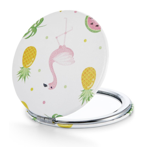 OMIRO 1X/10X(300R) Compact Magnifying Mirror, Unique Painting Pocket Mirror with Classical PU Leather (Round,Flamingo and Tropical Print)