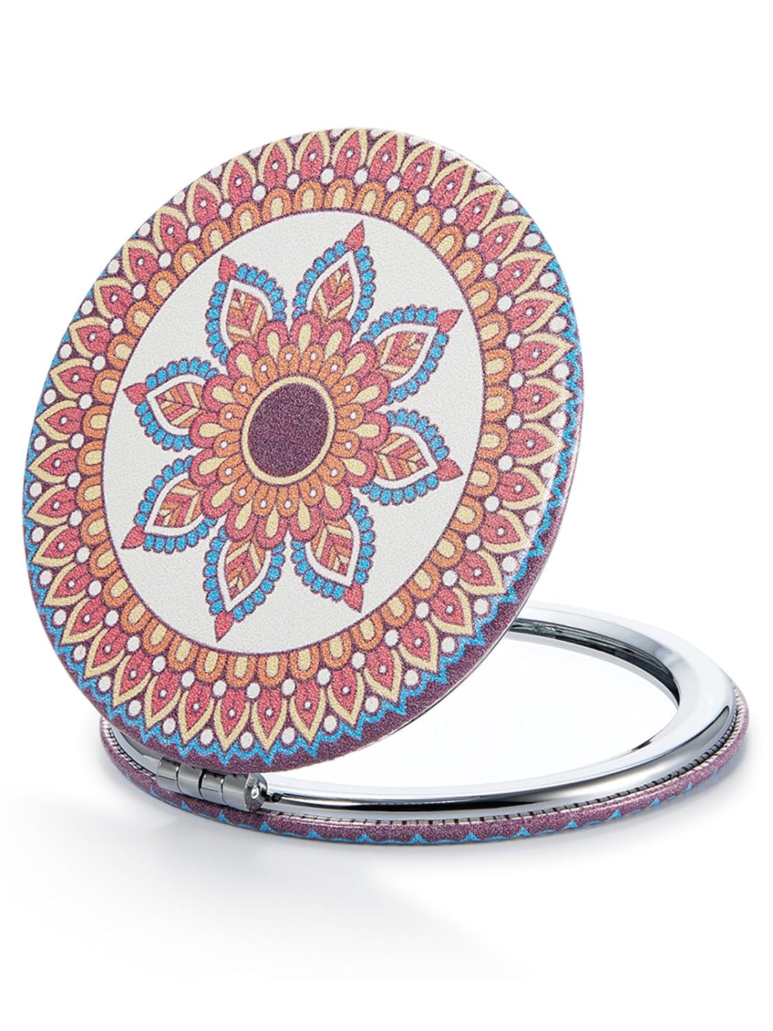OMIRO 1X/10X(300R) Compact Magnifying Mirror, Unique Painting Pocket Mirror with Classical PU Leather (Round,Flamingo and Tropical Print)