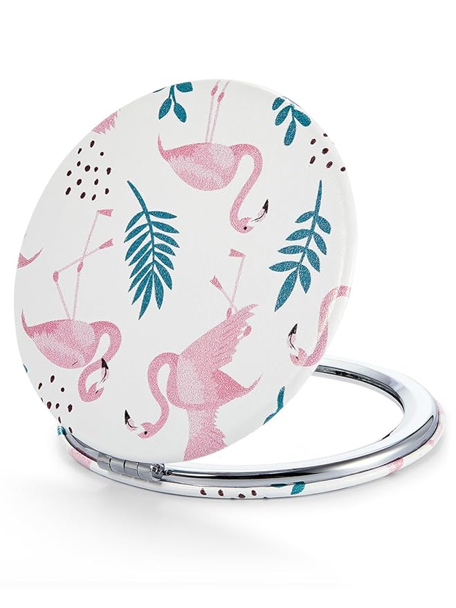 OMIRO 1X/10X(300R) Compact Magnifying Mirror, Unique Painting Pocket Mirror with Classical PU Leather (Round,Flamingo and Tropical Print)