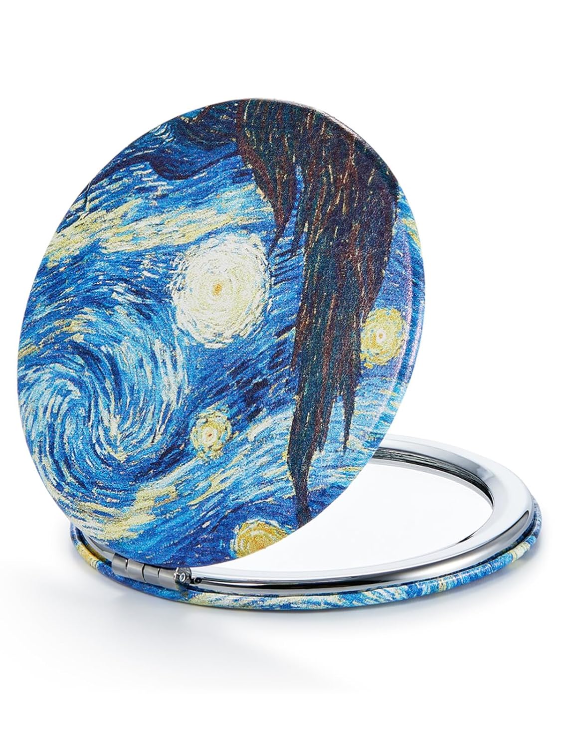 OMIRO 1X/10X(300R) Compact Magnifying Mirror, Unique Painting Pocket Mirror with Classical PU Leather (Round,Flamingo and Tropical Print)
