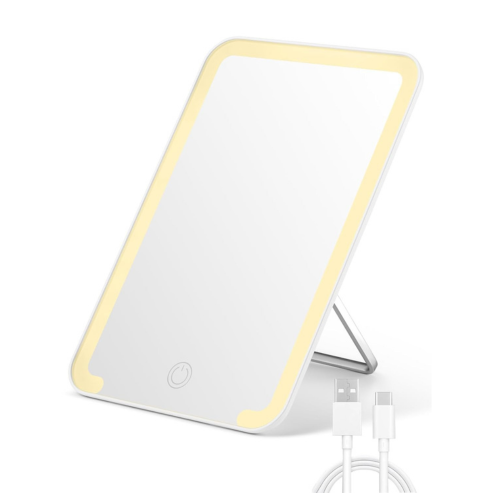 OMIRO Lighted Travel Makeup Mirror, 8 x 5 inches Desk Mirror with Foldable Stand and 3 Lighting Modes for Shaving and Travelling, White