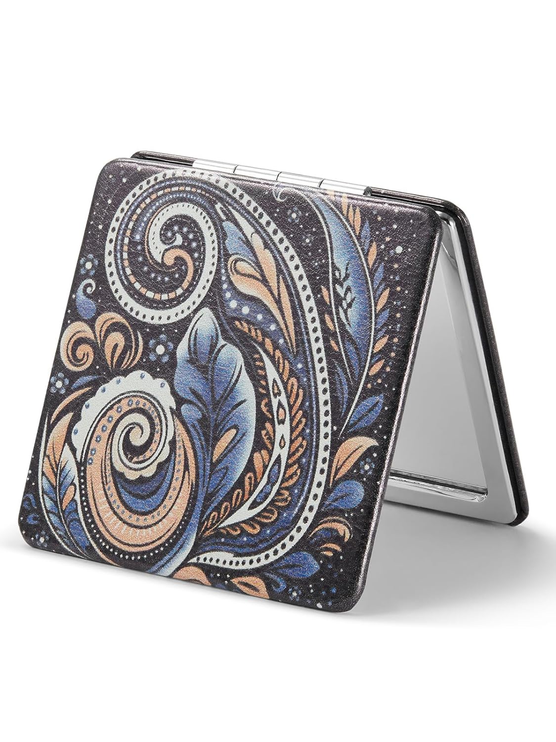 OMIRO 1X/10X(300R) Compact Magnifying Mirror, Unique Painting Pocket Mirror with Classical PU Leather (Round,Paisley)