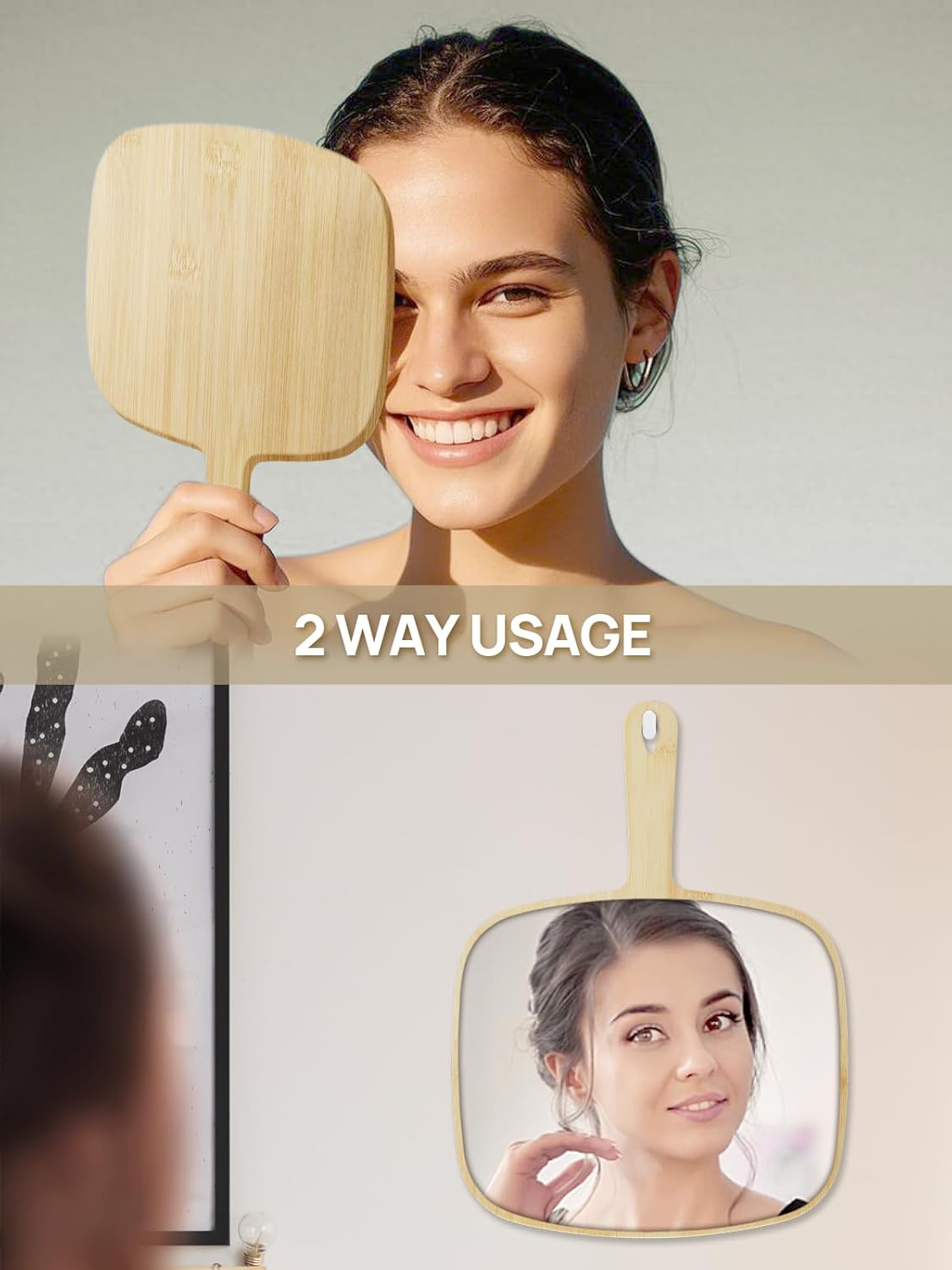 OMIRO Hand Mirror, Large Natural Bamboo Handheld Mirror with Handle, 10.3" L x 7.4" W