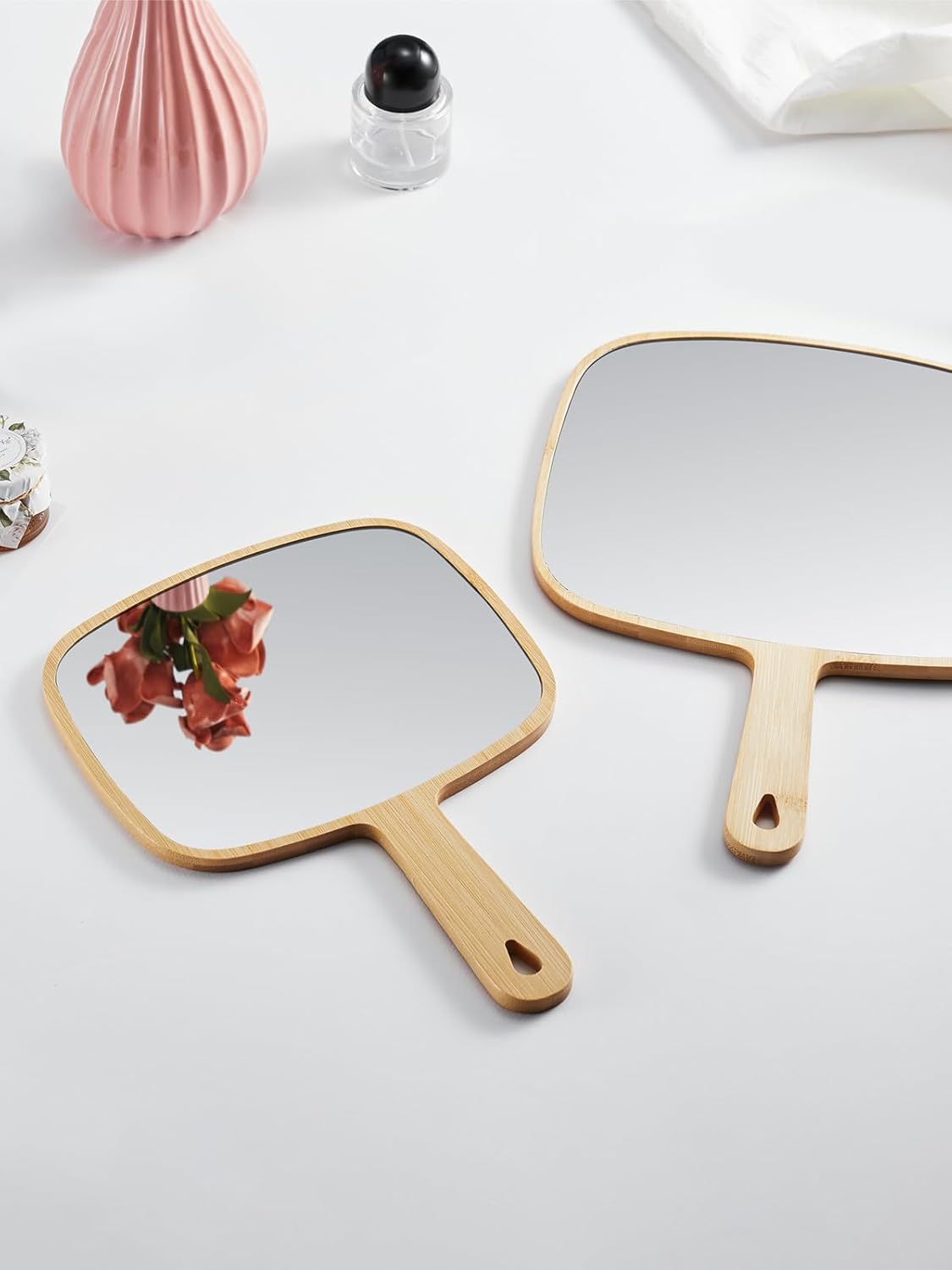 OMIRO Hand Mirror, Large Natural Bamboo Handheld Mirror with Handle, 10.3" L x 7.4" W