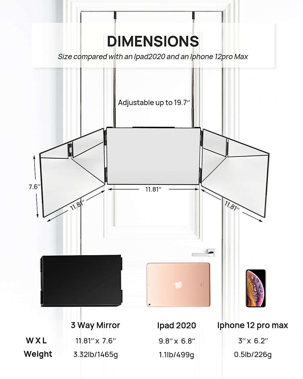 OMIRO 3 Way Mirror for Hair Cutting, 360 Trifold Self Haircut Mirror with Adjustable Telescoping Hooks, Multi-Functional for Makeup and Travel