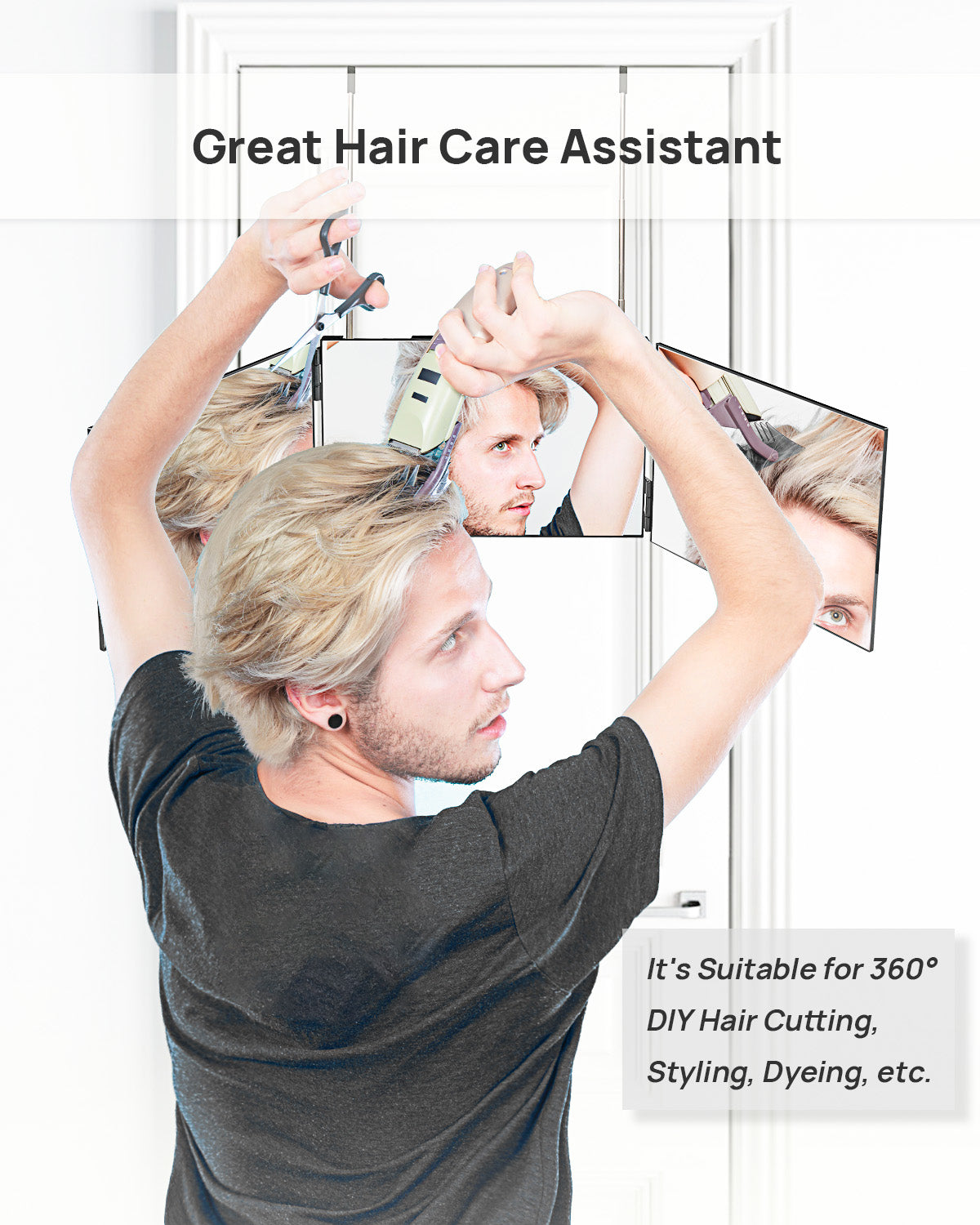OMIRO 3 Way Mirror for Hair Cutting, 360 Trifold Self Haircut Mirror with Adjustable Telescoping Hooks, Multi-Functional for Makeup and Travel