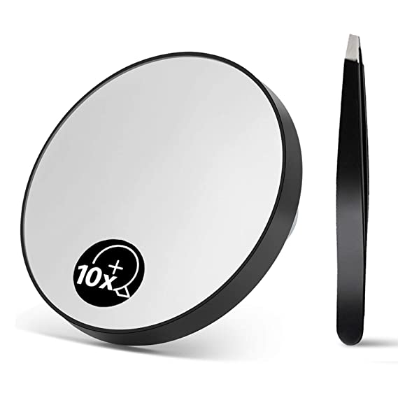 OMIRO 10X(300R) Magnifying Mirror and Eyebrow Tweezers Kit, 3.5" Two Suction Cups Magnifier Travel Set