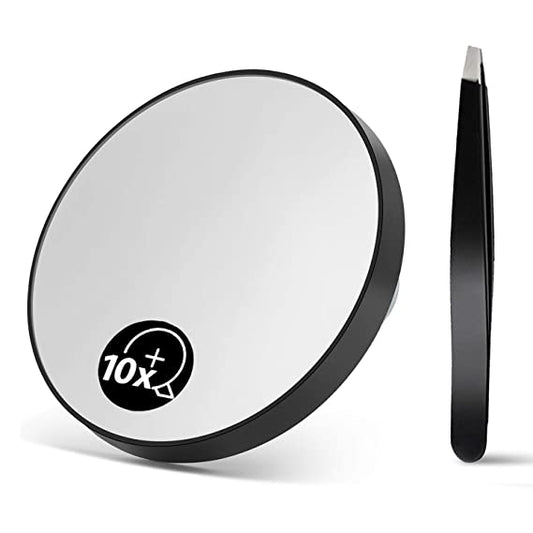 OMIRO 10X(300R) Magnifying Mirror and Eyebrow Tweezers Kit, 3.5" Two Suction Cups Magnifier Travel Set
