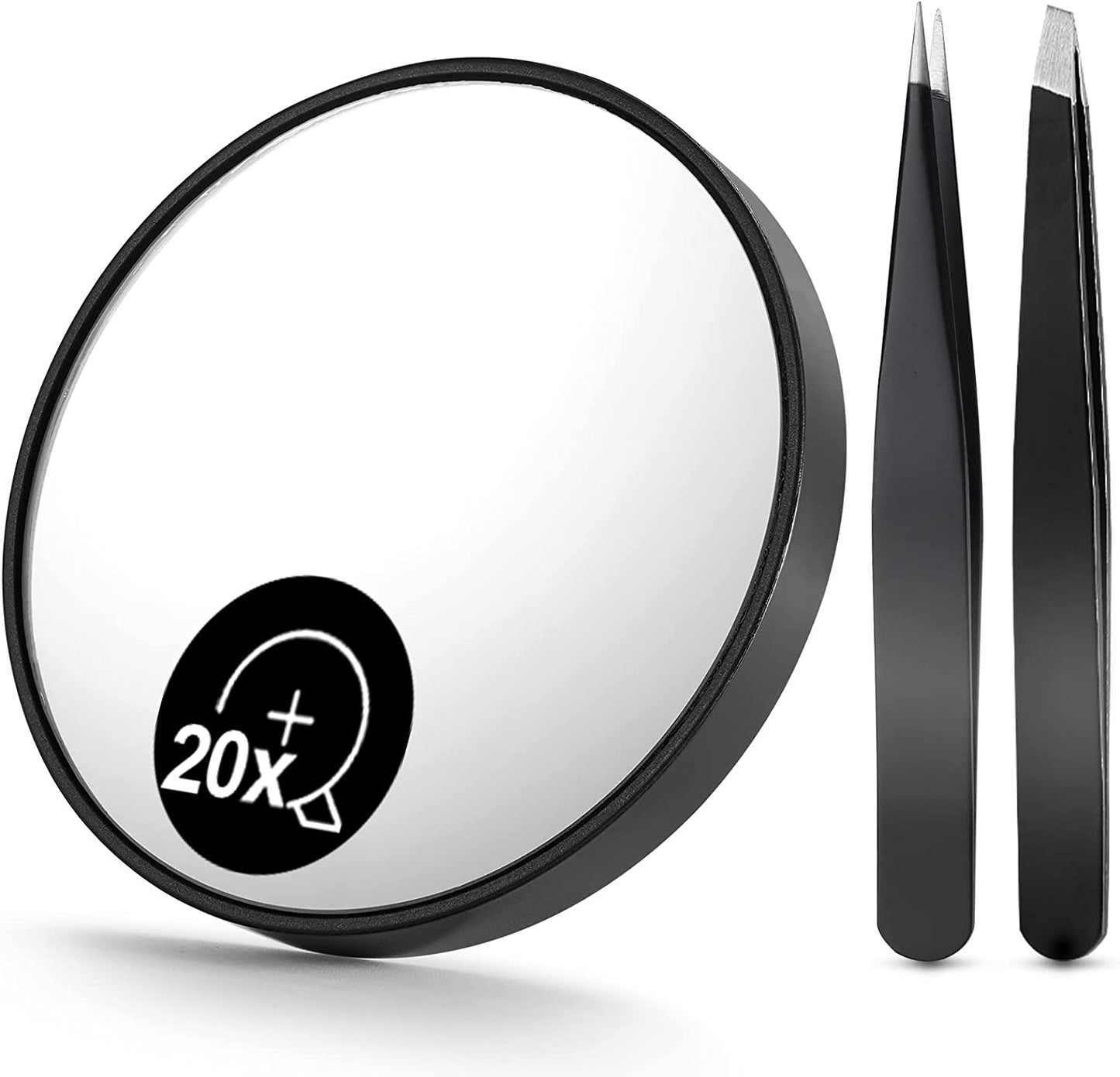 OMIRO 10X(300R) Magnifying Mirror and Eyebrow Tweezers Kit, 3.5" Three Suction Cups Magnifier Travel Set