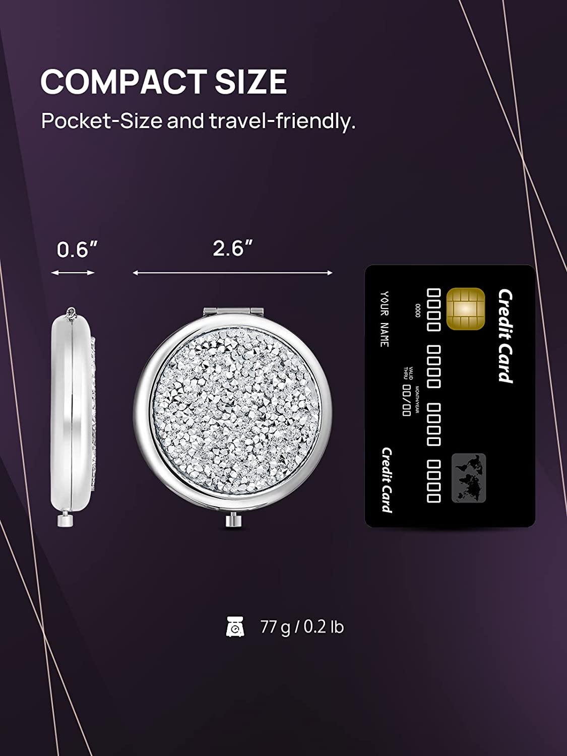 OMIRO 1X/10X Magnifying Compact Mirror, Mini Mix Diamond Metal Pocket Makeup Mirror (Silver)