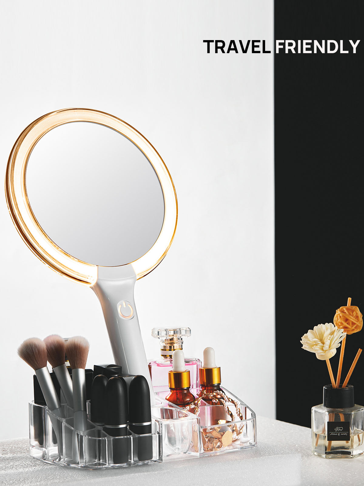 OMIRO Hand Mirror with Lights on a Base Cosmetic Organizer, Double Sided 1X/10X Magnifying Makeup Mirror Set