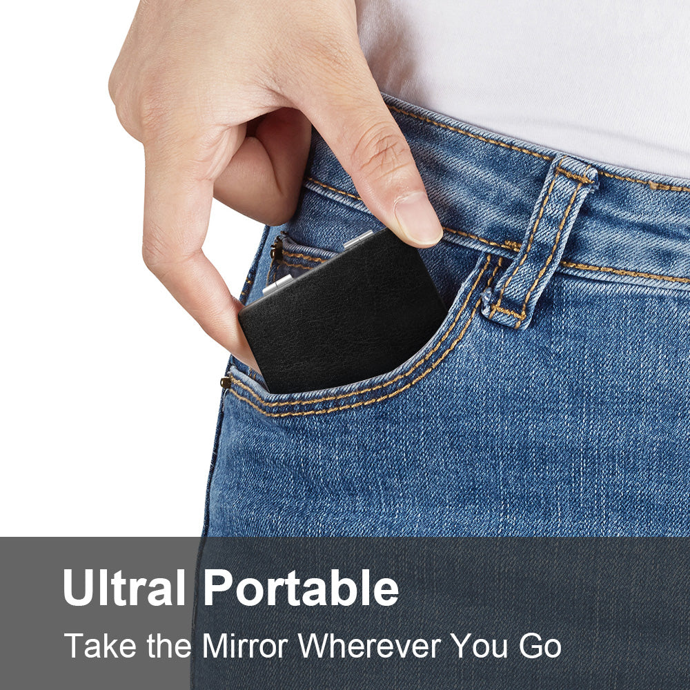 OMIRO Compact Mirror, Classical PU Leather 1X/3X Magnification, Pocket Ultra Portable for Purses and Travel (Black)
