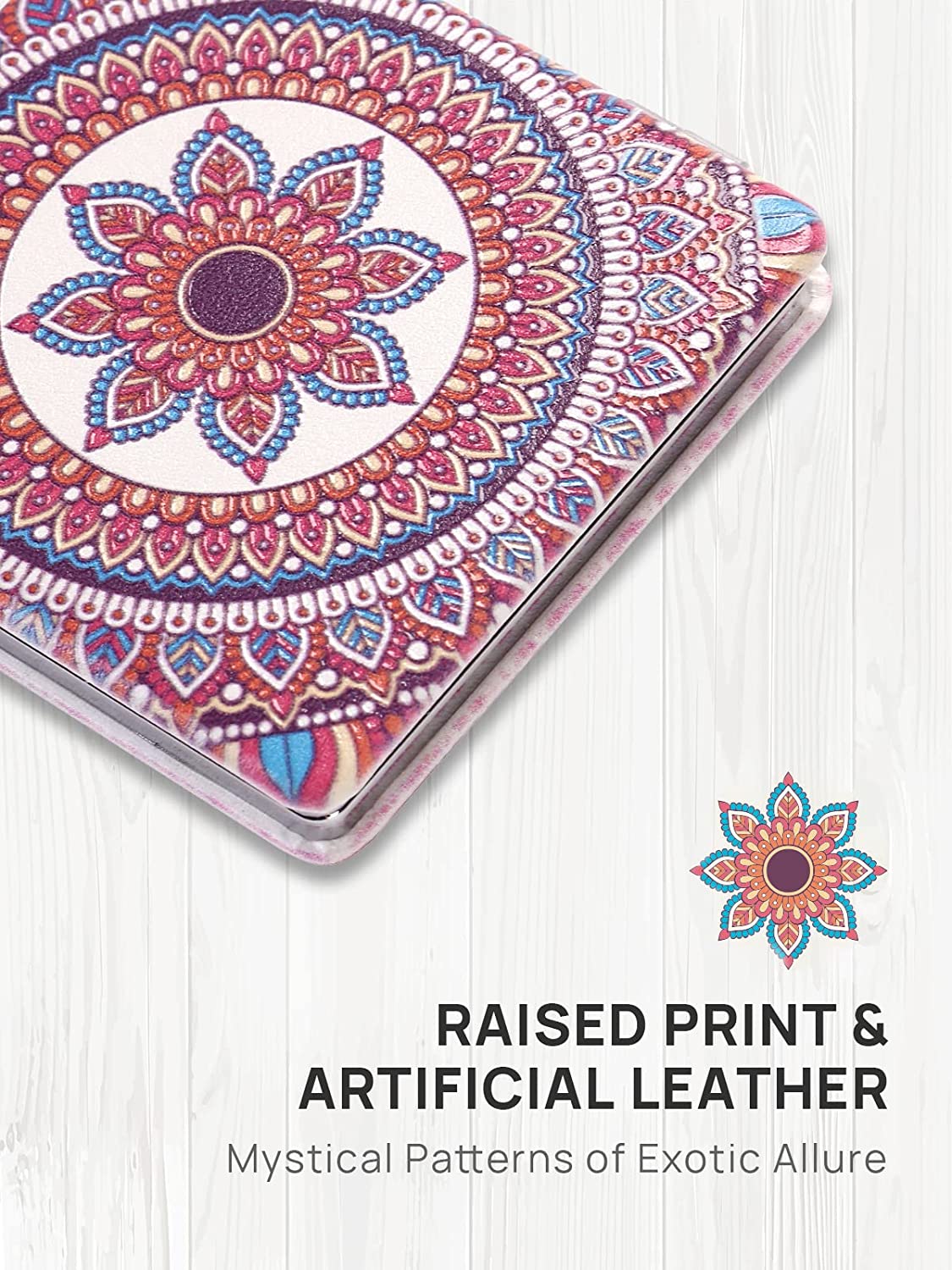 OMIRO 1X/3X Magnifying Mirror, Unique Painting Compact Mirror with Classical PU Leather (Flower Mandala)