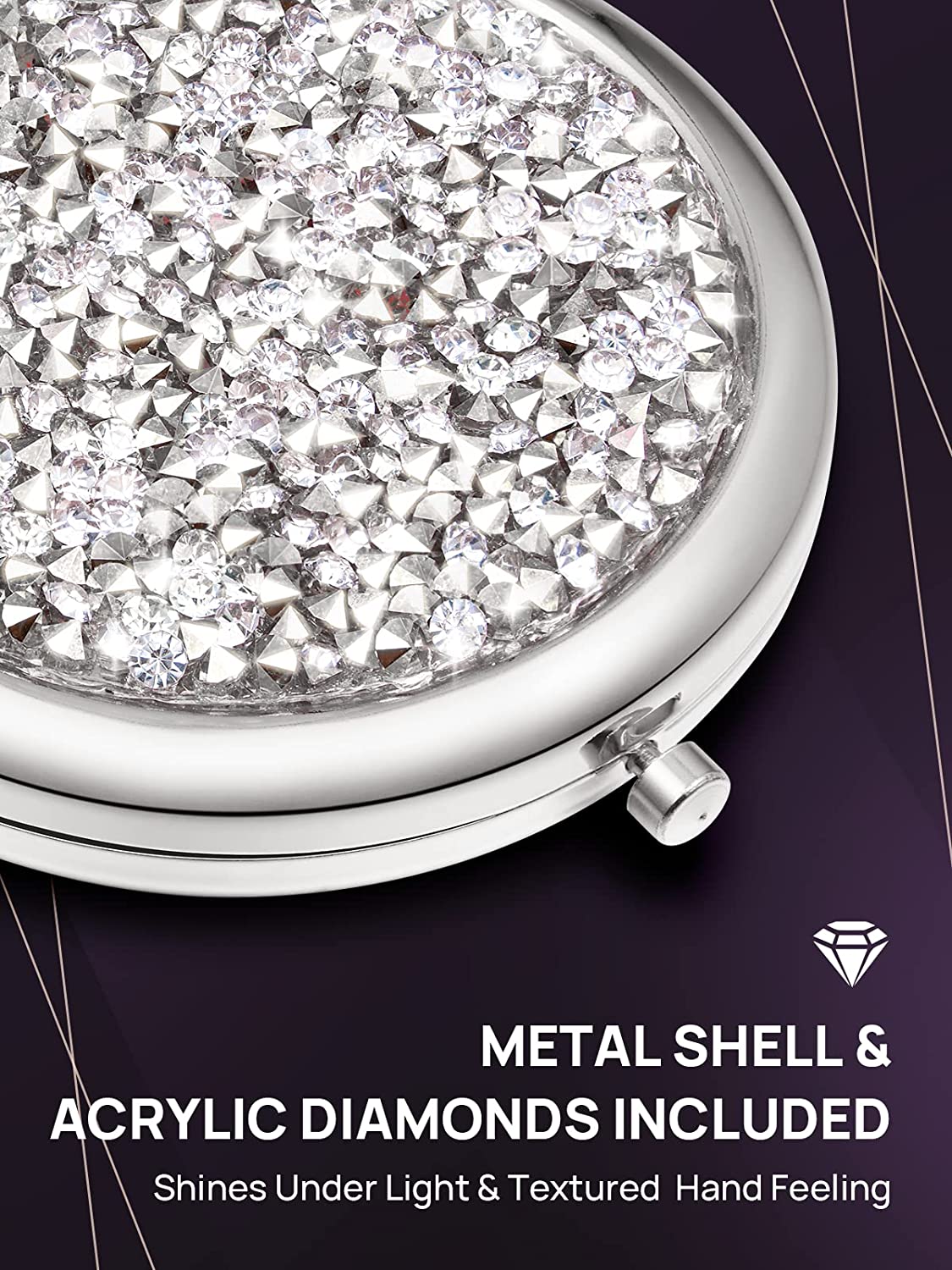 OMIRO 1X/10X Magnifying Compact Mirror, Mini Mix Diamond Metal Pocket Makeup Mirror (Silver)