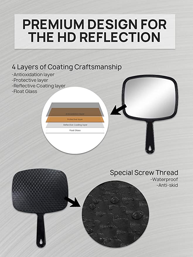 OMIRO 10.3" L x 7.4" W Hand Mirror, All Black Handheld Mirror with Handle