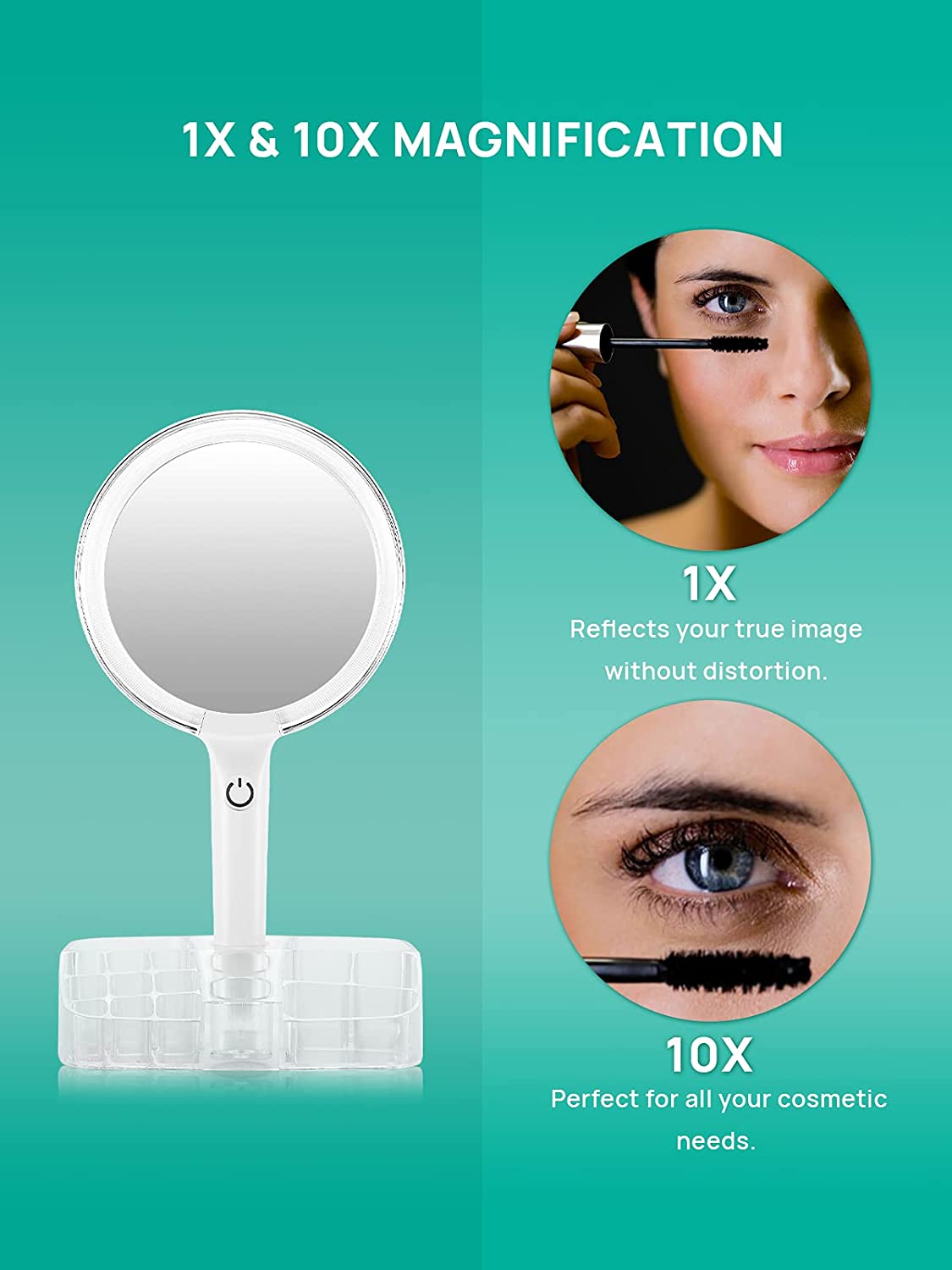 OMIRO Hand Mirror with Lights on a Base Cosmetic Organizer, Double Sided 1X/10X Magnifying Makeup Mirror Set