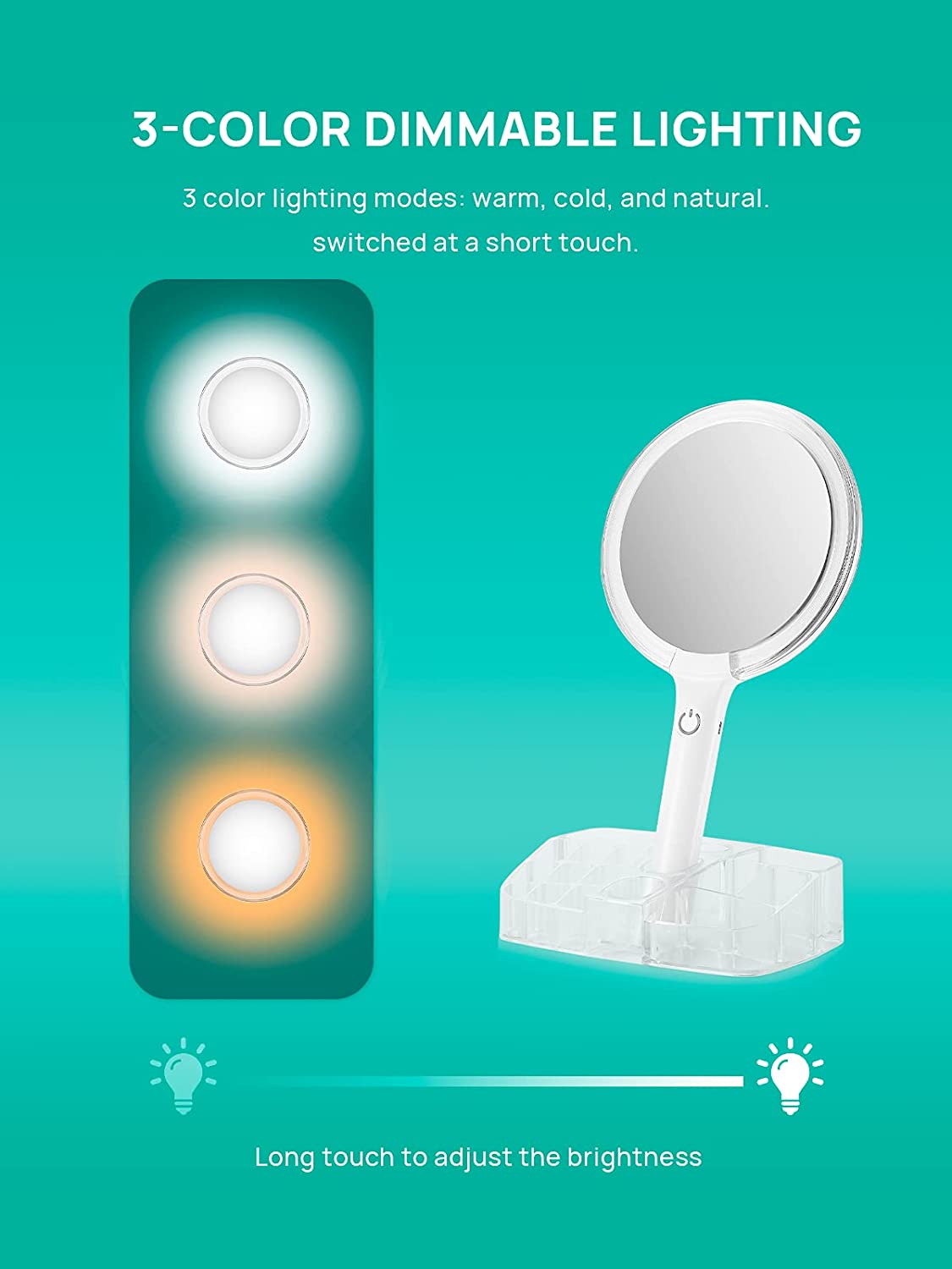 OMIRO Hand Mirror with Lights on a Base Cosmetic Organizer, Double Sided 1X/10X Magnifying Makeup Mirror Set