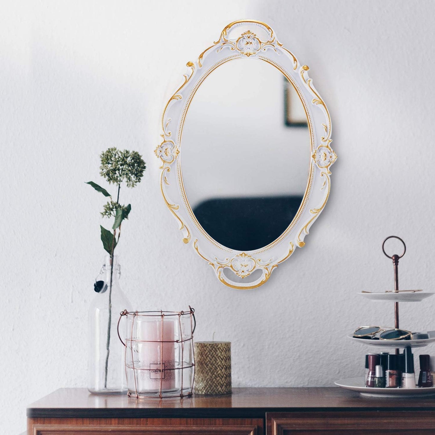 OMIRO Espejo de pared decorativo, espejos colgantes tallados vintage para decoración de dormitorio, sala de estar, tocador, oro antiguo ovalado de 10 pulgadas de ancho x 15 pulgadas de largo