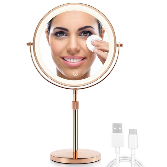 OMIRO 8.5 Inches Lighted Makeup Mirror with 3X/10X Magnifications, Double Sided Swivel Vanity Mirror with Height-Adjustable Stand (Rose Gold)