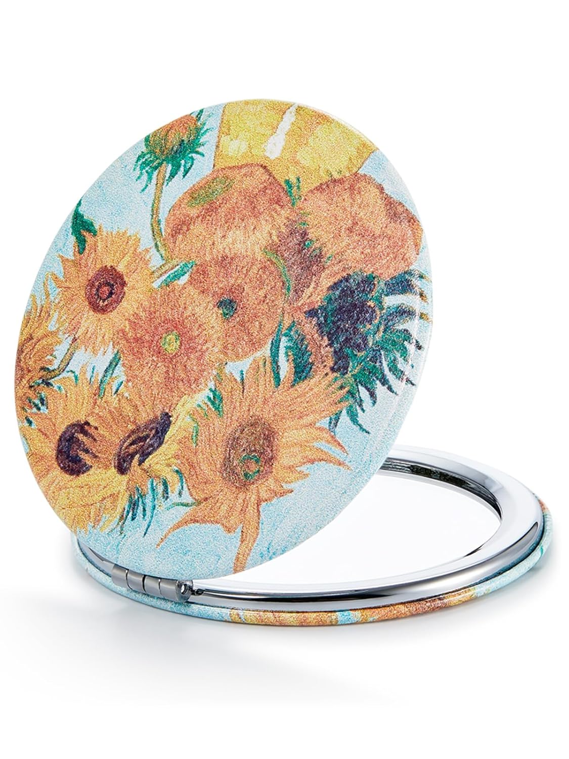 OMIRO 1X/10X(300R) Compact Magnifying Mirror, Unique Painting Pocket Mirror with Classical PU Leather (Round，Flamingo and Tropical Print)