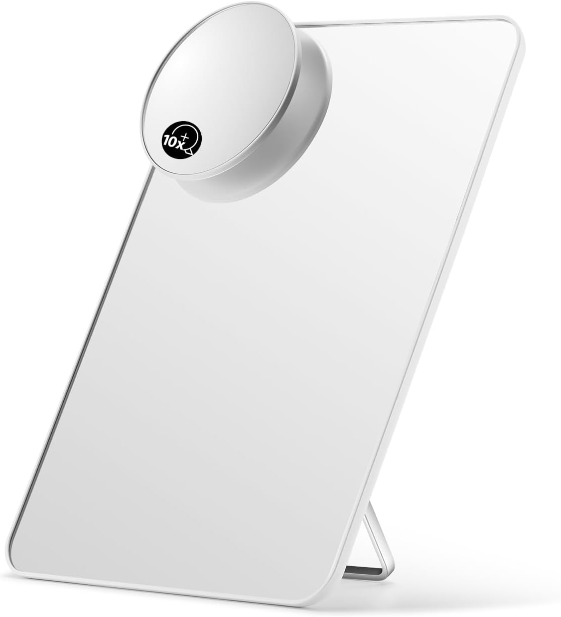 OMIRO Desk Makeup Mirror with 10X Magnifying Mirror, 8 x 5 inches Small Travel Mirror with Foldable Stand and Hanging Hole for Shaving and Travelling, White