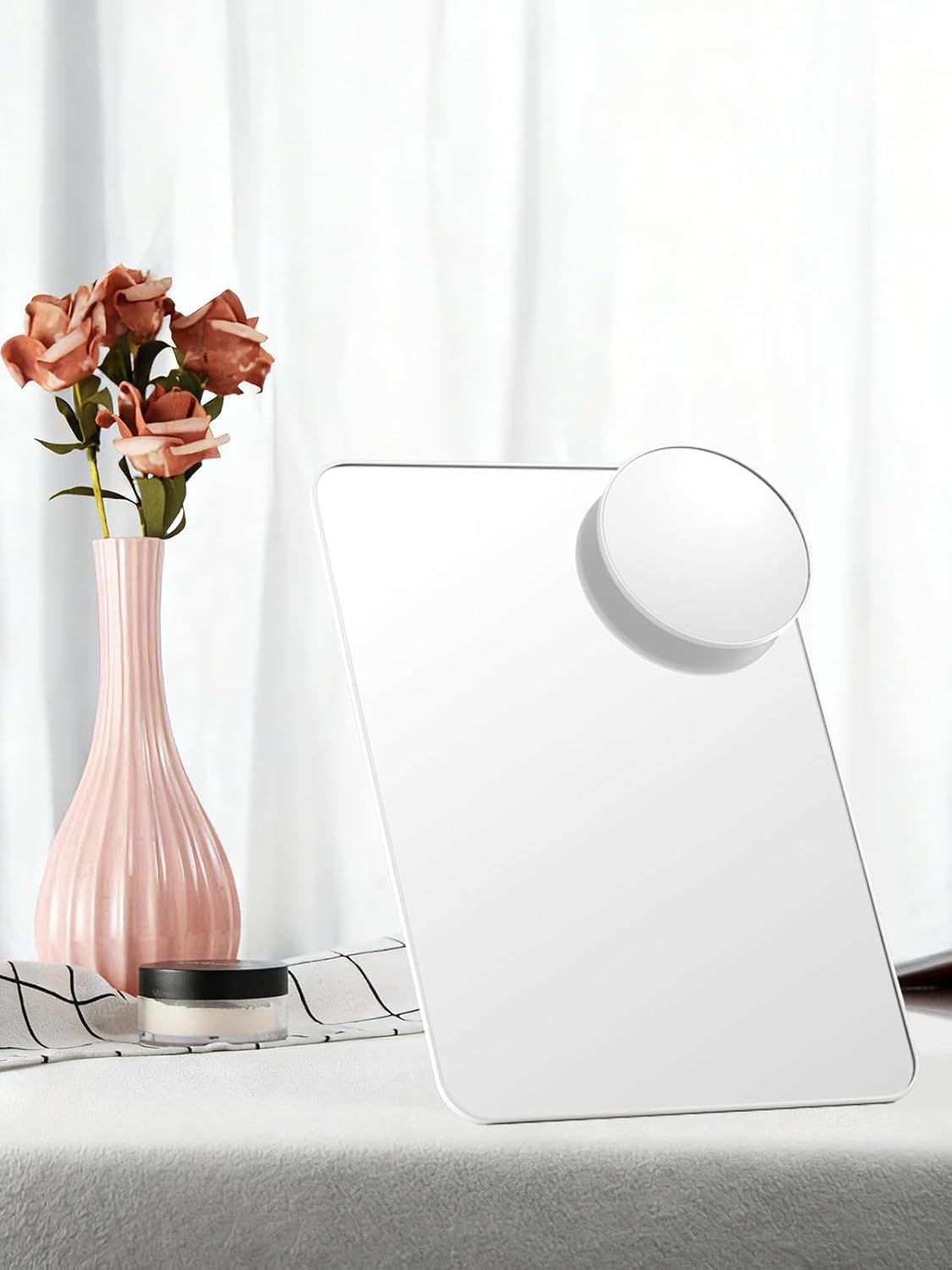 OMIRO Desk Makeup Mirror with 10X Magnifying Mirror, 8 x 5 inches Small Travel Mirror with Foldable Stand and Hanging Hole for Shaving and Travelling, White