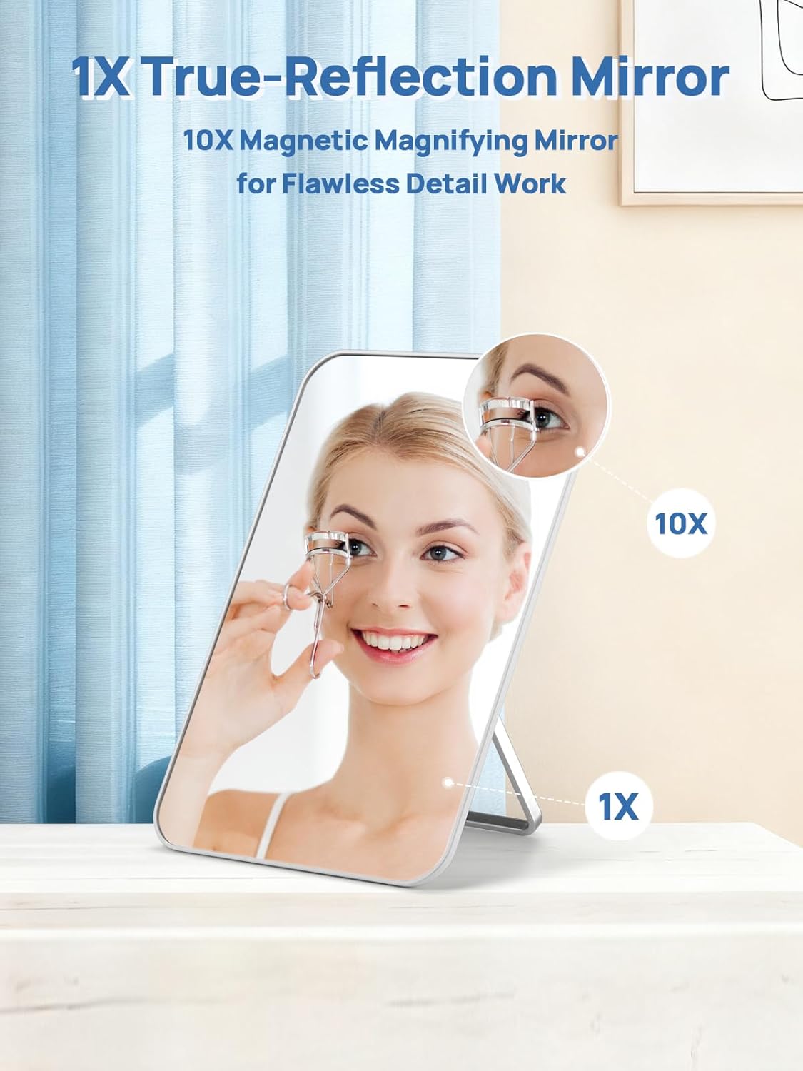 OMIRO Desk Makeup Mirror with 10X Magnifying Mirror, 8 x 5 inches Small Travel Mirror with Foldable Stand and Hanging Hole for Shaving and Travelling, White