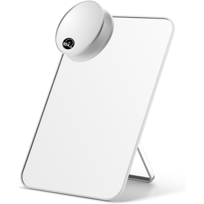 OMIRO Desk Makeup Mirror with 10X Magnifying Mirror, 8 x 5 inches Small Travel Mirror with Foldable Stand and Hanging Hole for Shaving and Travelling, White