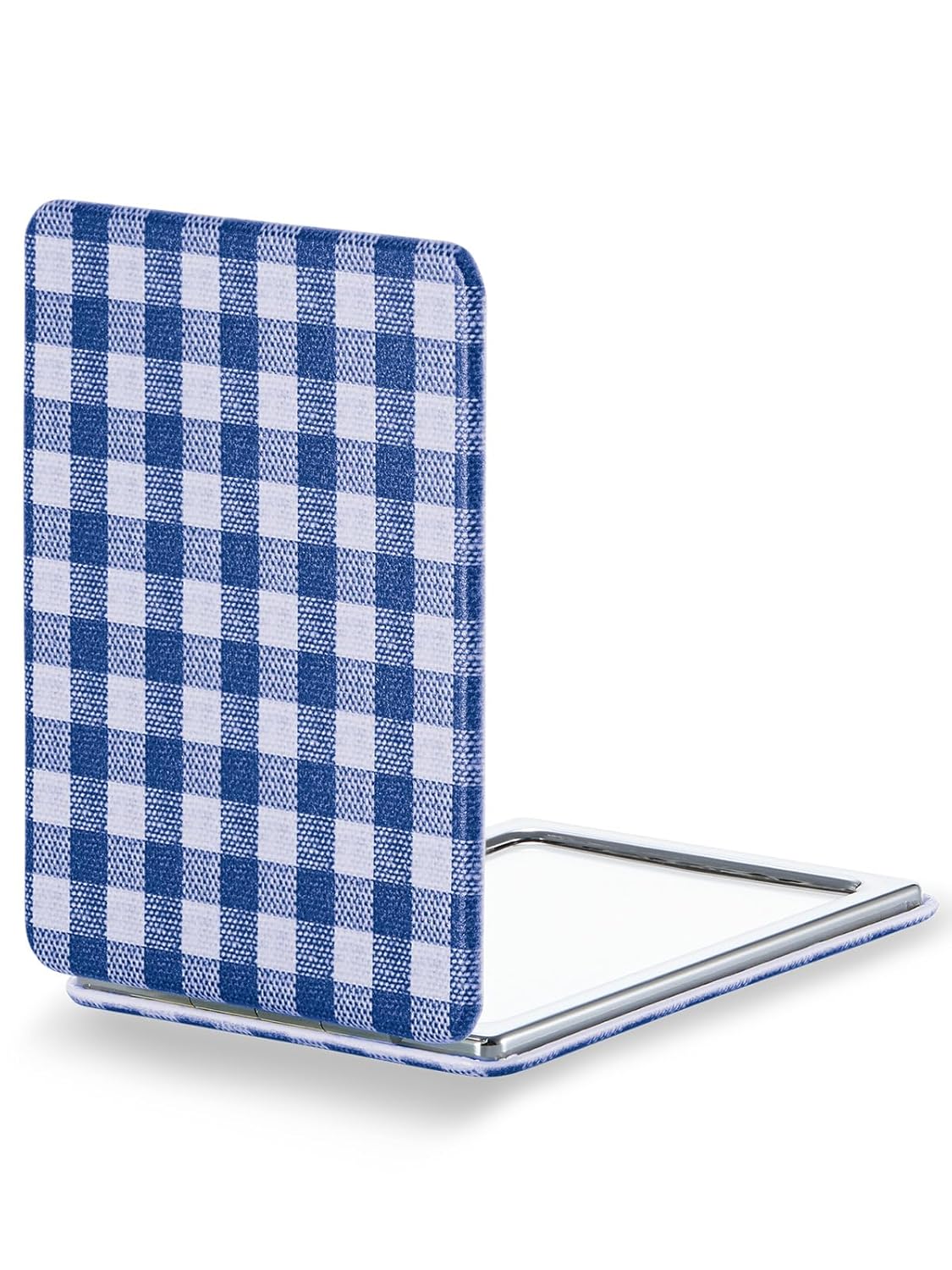 OMIRO 1X/10X Compact Magnifying Mirror, Unique Plaid Pattern Pocket Mirror with Classic PU Leather, Round, Blue Plaid