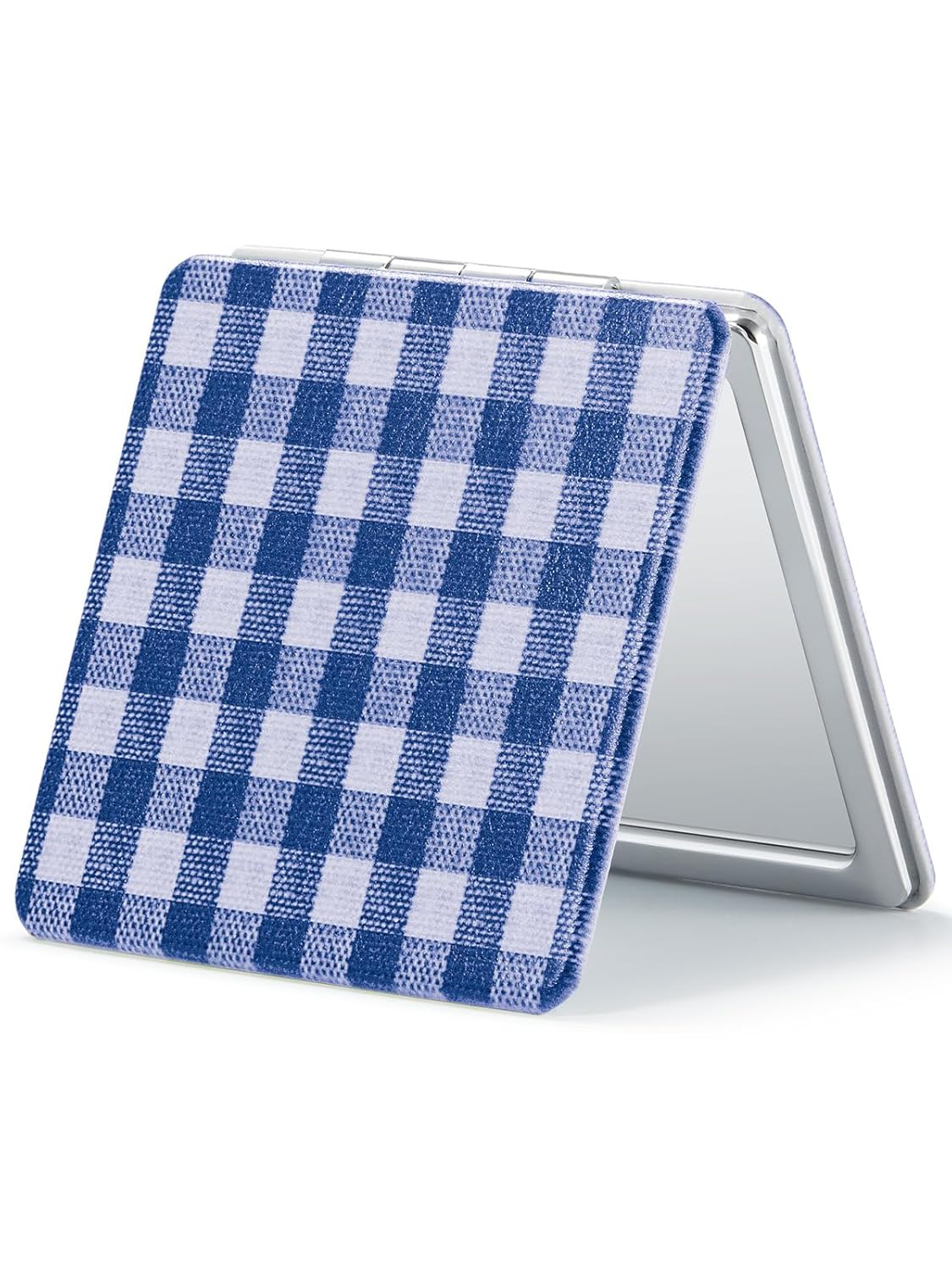 OMIRO 1X/10X Compact Magnifying Mirror, Unique Plaid Pattern Pocket Mirror with Classic PU Leather, Round, Blue Plaid