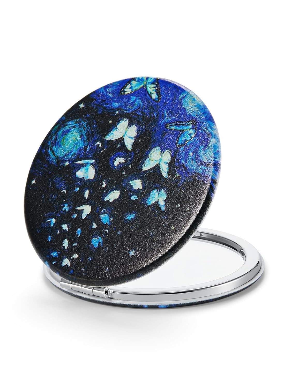 OMIRO 1X/10X Compact Magnifying Mirror, Unique Painting Pocket Mirror with Classical PU Leather (Round)