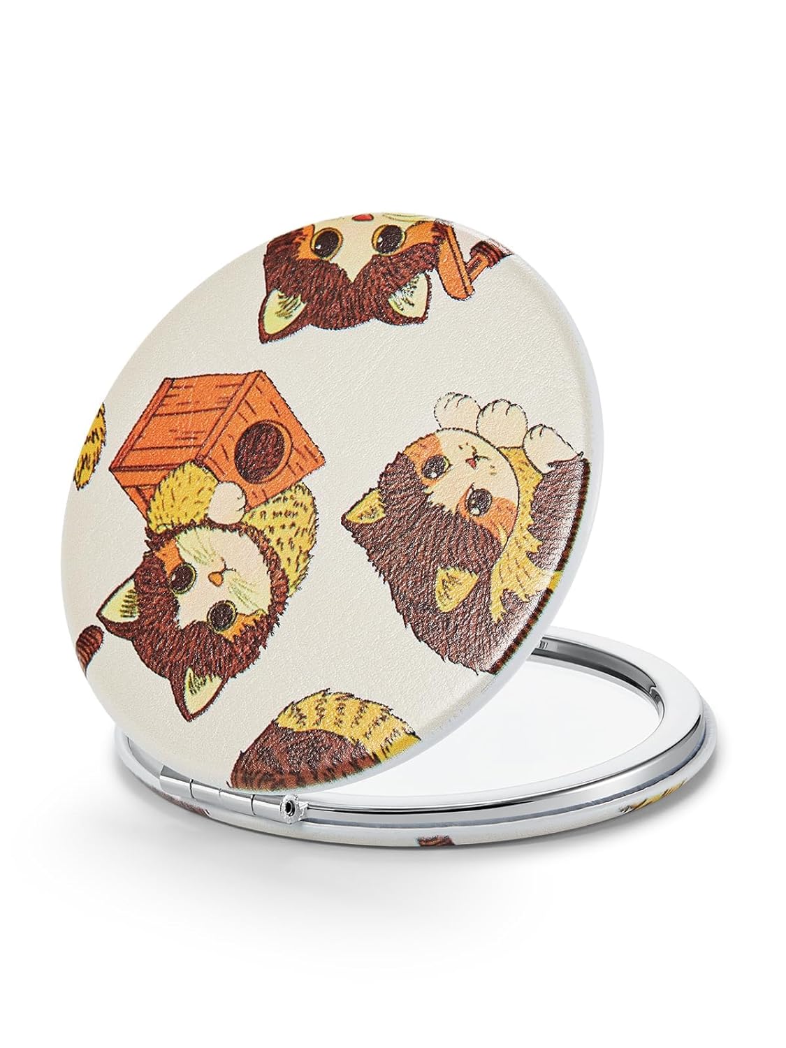 OMIRO 1X/10X Compact Magnifying Mirror, Unique Painting Pocket Mirror with Classical PU Leather (Round)