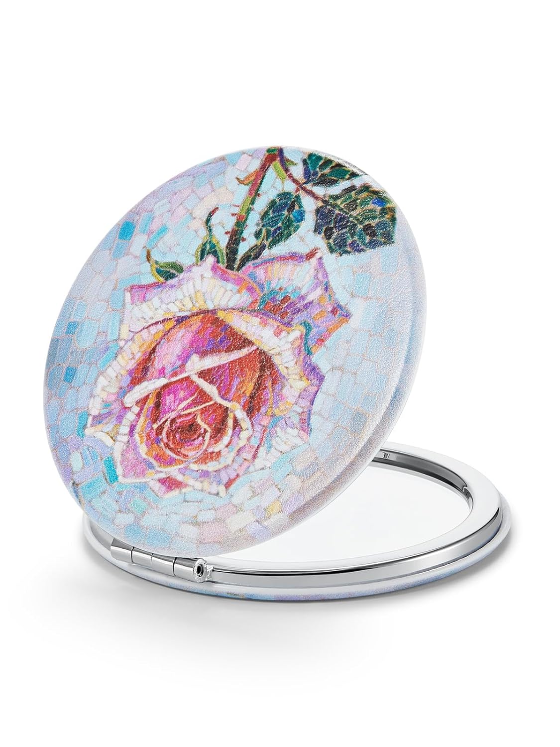 OMIRO 1X/10X Compact Magnifying Mirror, Unique Painting Pocket Mirror with Classical PU Leather (Round)