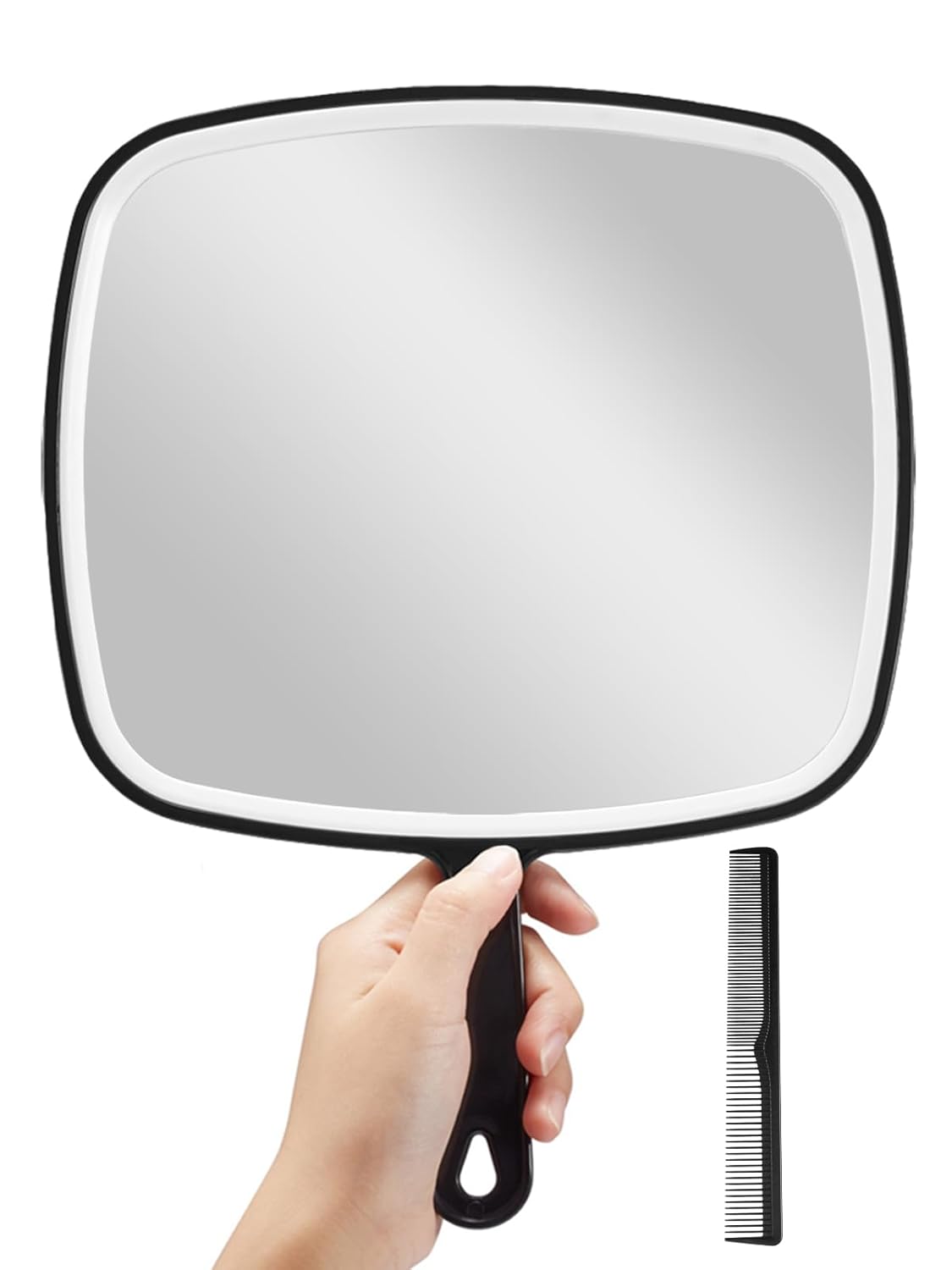Handheld mirror with black handle and comb on a white background