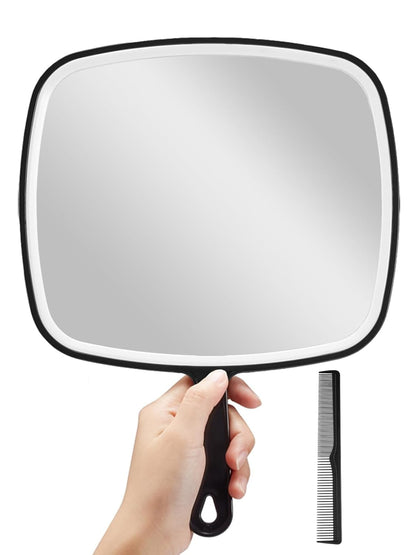 Handheld mirror with black handle and comb on a white background