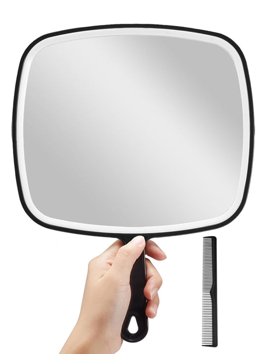 Handheld mirror with black handle and comb on a white background