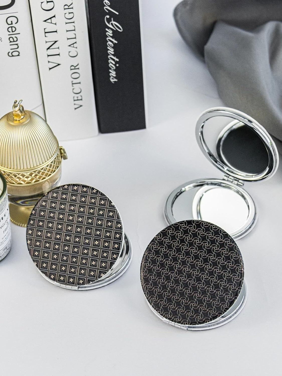 OMIRO Compact Magnifying Mirror, Unique Painting Pocket Mirror with Classical PU Leather