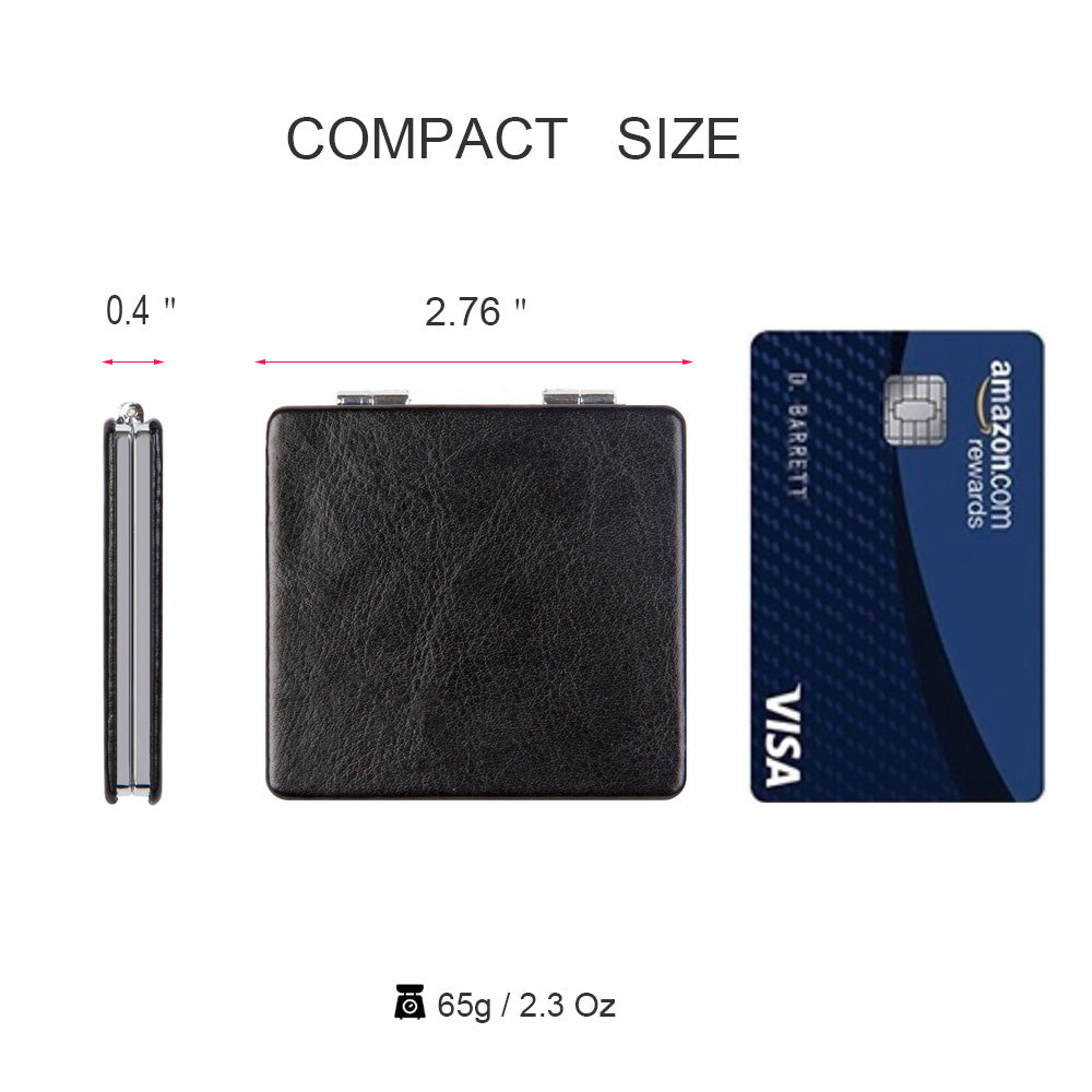 Espejo compacto OMIRO, piel sintética clásica con aumento 1X/3X, bolsillo ultraportátil para monederos y viajes (negro)