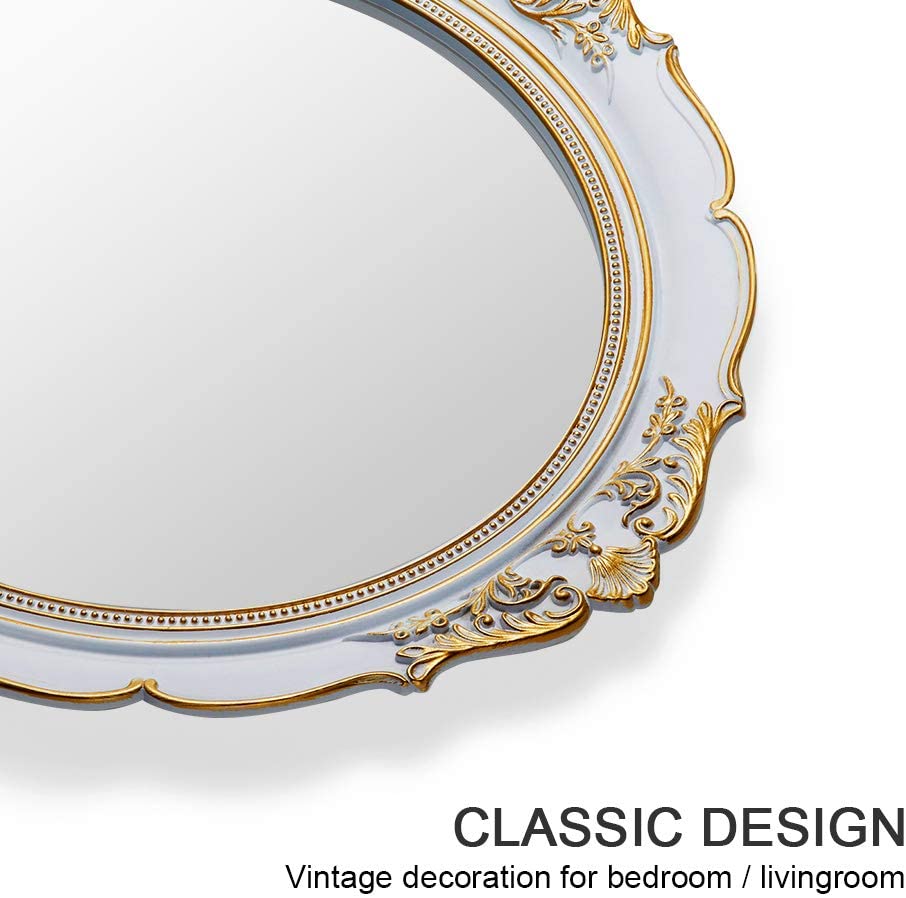 OMIRO Decorative Wall Mirror, Vintage Hanging Mirrors for Bedroom Living-Room Dresser Decor, Oval Antique White 13" W x 15" L, Pack of 2