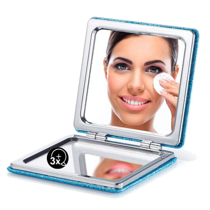 Espejo compacto OMIRO, piel sintética clásica con aumento 1X/3X, bolsillo ultraportátil para monederos y viajes (negro)