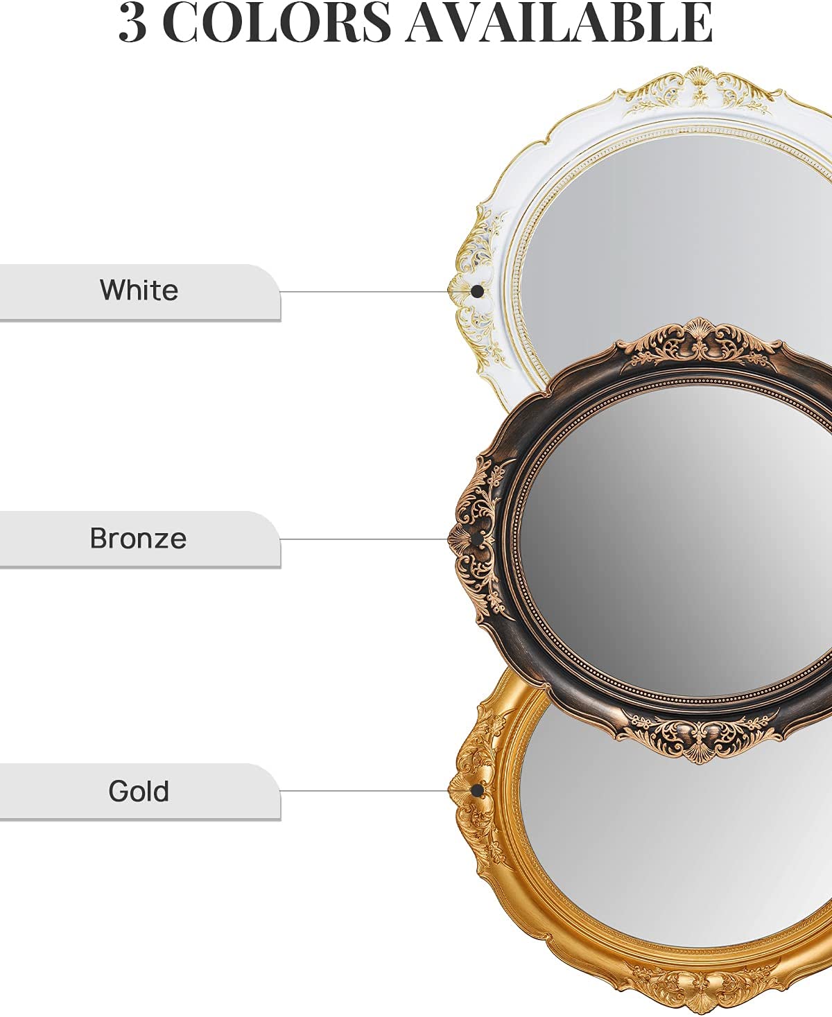 OMIRO Miroir mural décoratif, miroirs suspendus vintage pour décoration de chambre à coucher, salon, commode, ovale blanc antique 33 x 38,1 cm, lot de 2