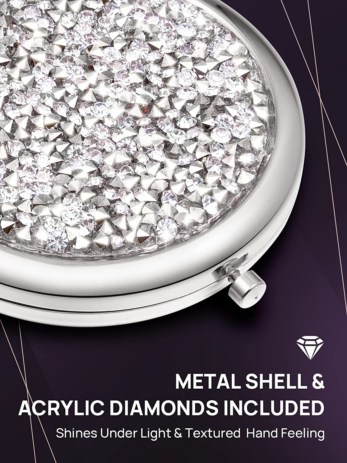 OMIRO Kompakt Spejl, Mini Mix Diamond 1X/2X Forstørrelses Rundt Metal Pocket Makeup Spejl (sølv)