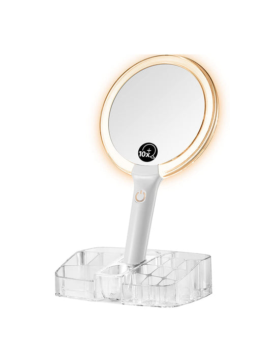 OMIRO Hand Mirror with Lights on a Base Cosmetic Organizer, Double Sided 1X/10X Magnifying Makeup Mirror Set